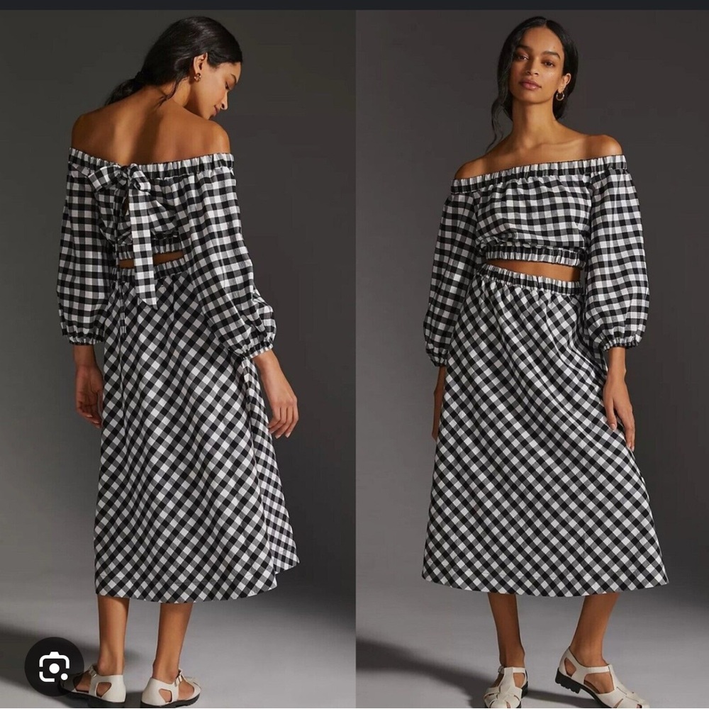 Anthropologie Maeve -Black and White Gingham Off-Shoulder shirt & Skirt set